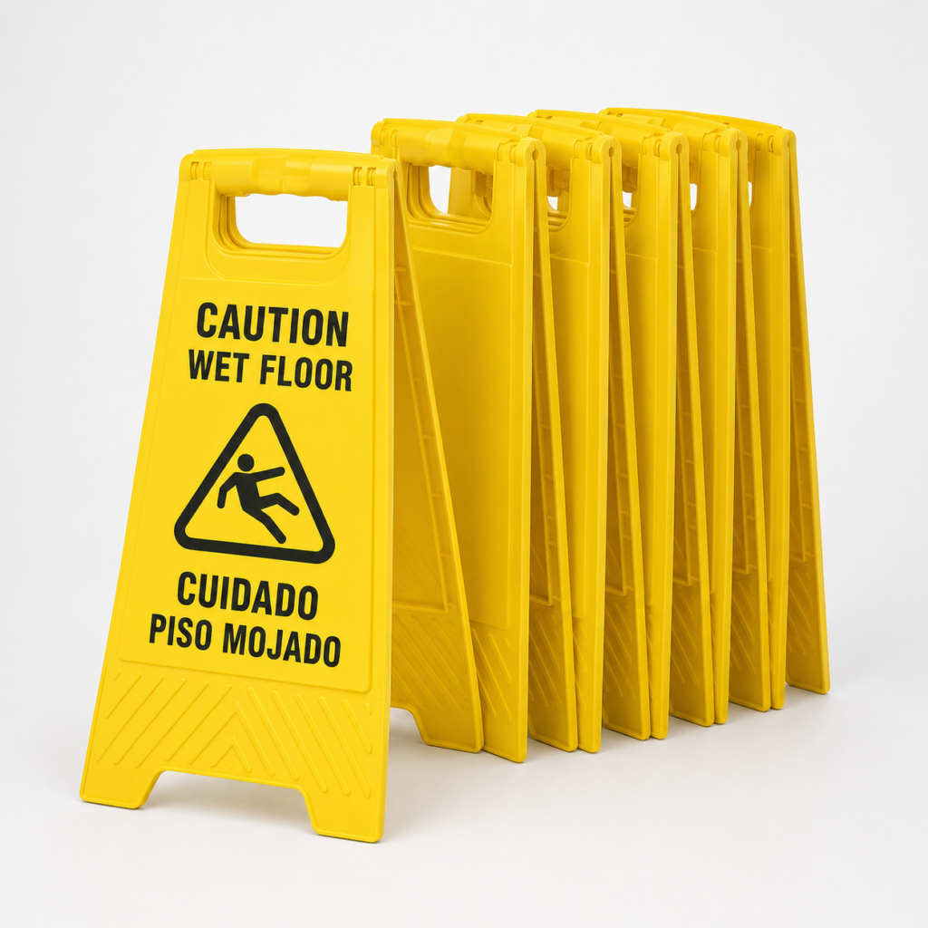 Bilingual Folding Caution Wet Floor Signs — 6-Pack